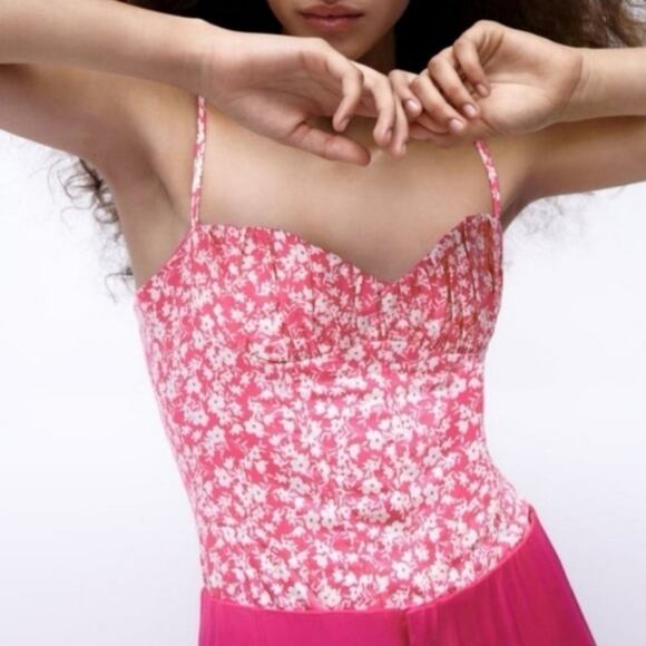 Zara Printed Corset Bodysuit Pink White Floral Medium NWT - Picture 3 of 9